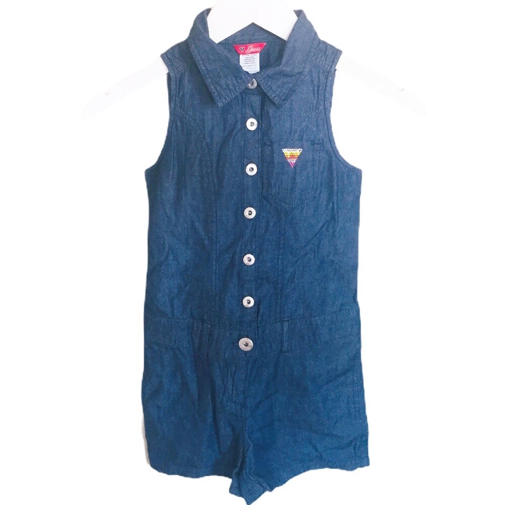 GUESS Jean Rhinestone Jewel Short Sleeveless Romper With Pockets Denim Blue 7Y